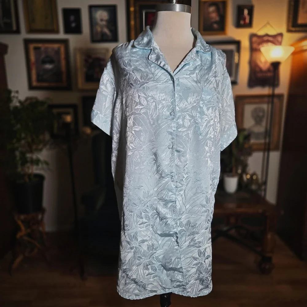 Vintage 90s Lauren Rogers Blue Floral Jacquard Button Down Night Shirt